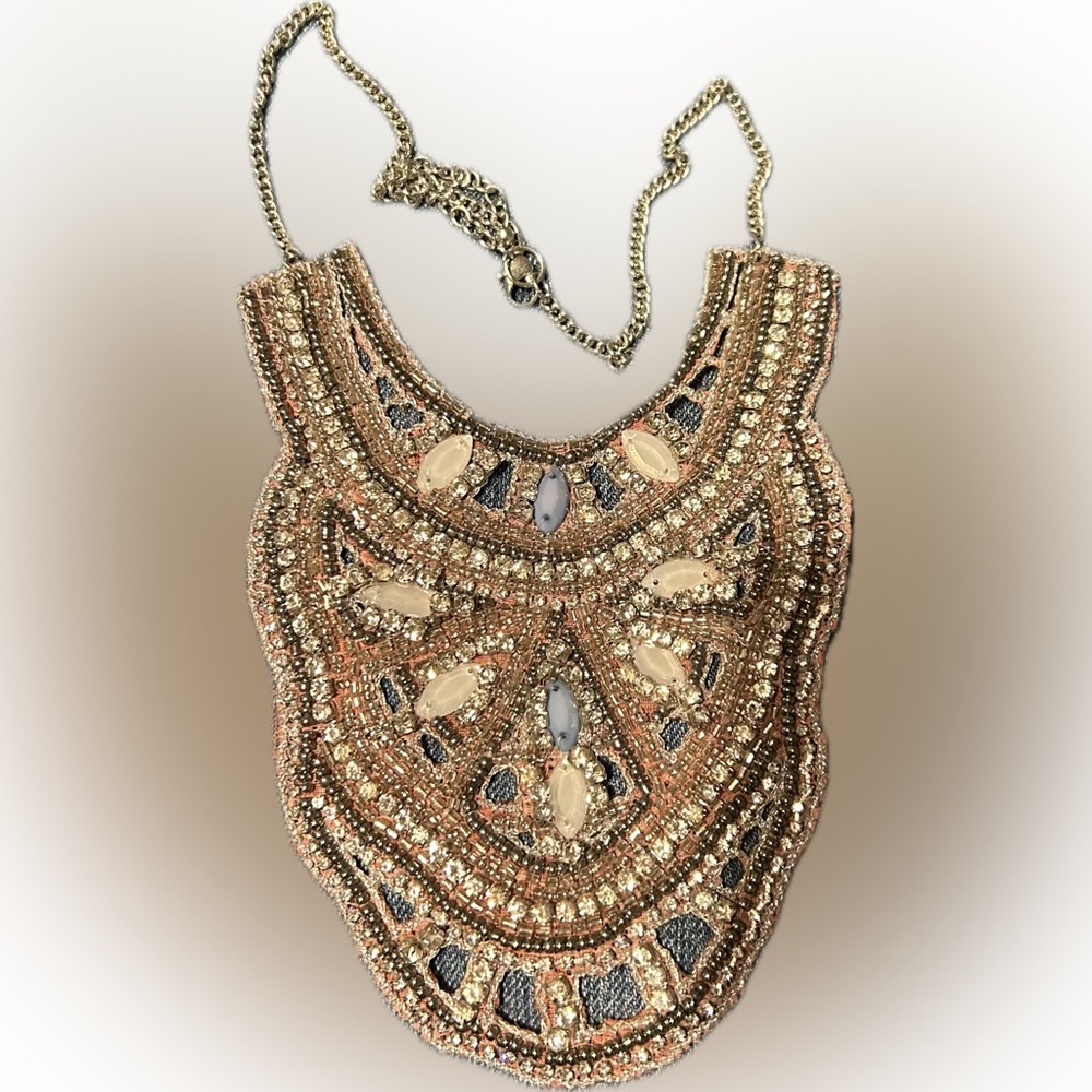 Bib necklace cubic zirconia , baby blue, and white gems hand sewn in lgt pink